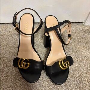 Gucci Black and Gold Heeled Sandals